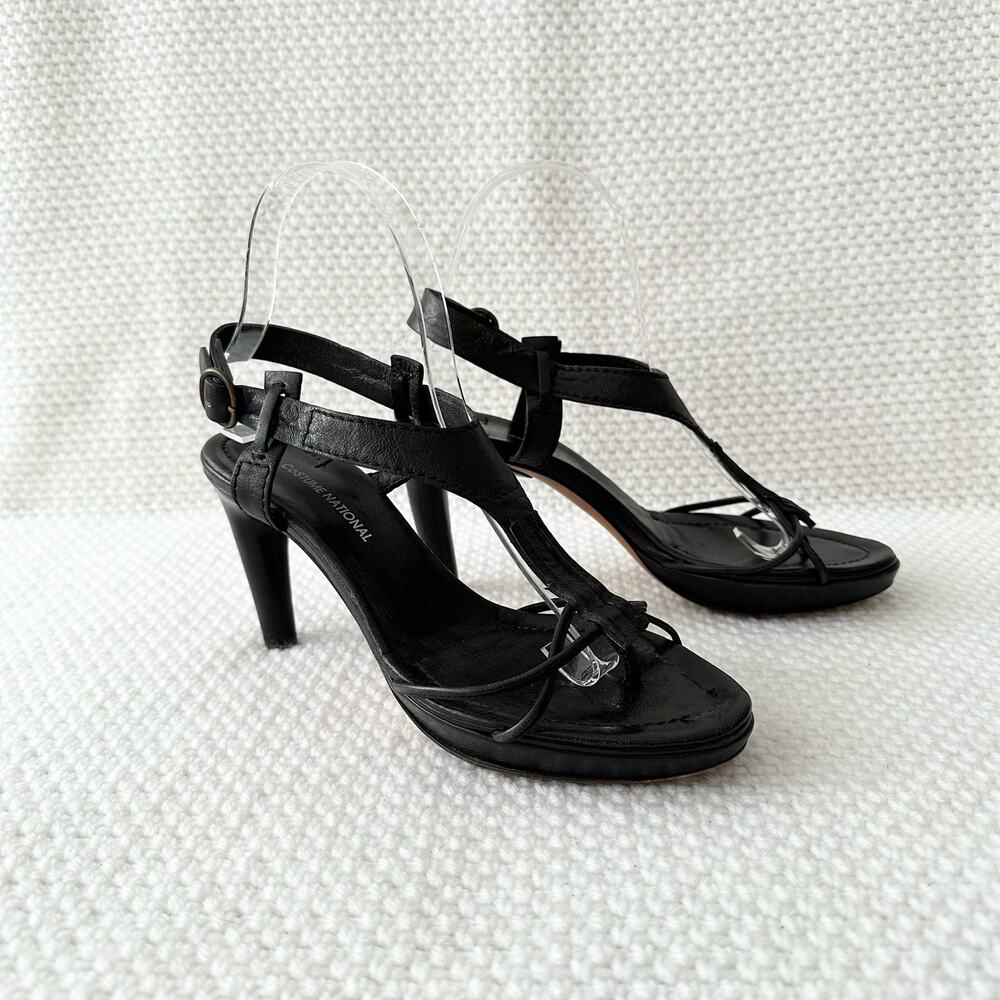 CNC Costume National Black Leather Strappy Thong Curve Heel Platform Pumps 38